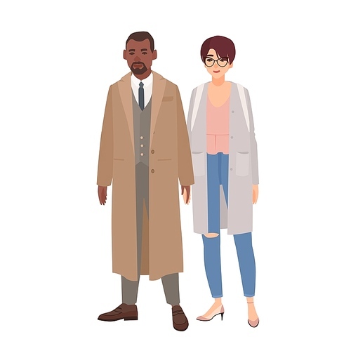 Smiling man and woman dressed in coats standing together. Cute happy multiracial couple or romantic partners isolated on white . Colorful vector illustration in flat cartoon style