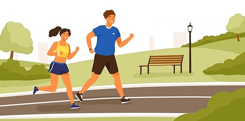 Cute couple dressed in sportswear running or jogging in park. Happy man and woman training outdoor together. Sports activity, healthy lifestyle. Colorful vector illustration in flat cartoon style