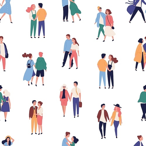Seamless pattern with young couples on romantic date. Backdrop with men and women in love holding hands and walking together. Flat cartoon vector illustration for textile , wrapping paper