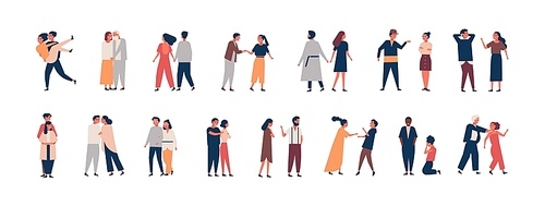Collection of relationship development stages. Set of men and women dating, quarreling, hugging, fighting. Couples or romantic partners isolated on white . Flat cartoon vector illustration.