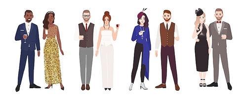 Bundle of elegant romantic couples in evening outfits holding glasses with drinks. Set of fashionable men and women dressed for cocktail party. Colorful vector illustration in flat cartoon style