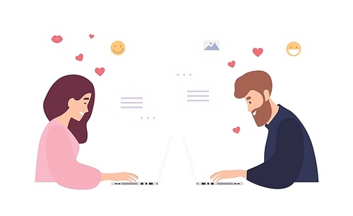 Man and woman sitting at laptops, using dating website and chatting. Romantic couple having conversation on internet. Cute girl and boy sending online messages to each other. Flat vector illustration