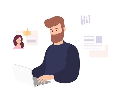 Smiling man sitting at computer and using dating website to chat or searching for girlfriend on internet. Cute bearded guy trying to find romantic partner online. Flat cartoon vector illustration