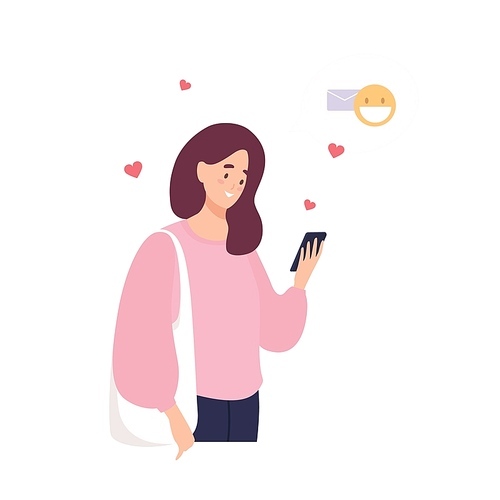 Cute happy girl holding cellphone, using mobile dating application to chat or sending romantic message. Woman with smartphone searching for romantic partner online. Flat cartoon vector illustration