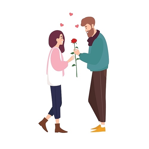 Adorable happy couple in love on romantic date. Cute smiling boy giving rose flower to girl. Young man and woman met through online dating application or website. Flat cartoon vector illustration