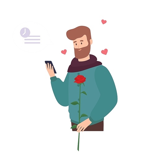 Cute bearded man holding rose flower, waiting for first romantic date and texting or sending messages through dating application for smartphone. Flat cartoon colorful vector illustration