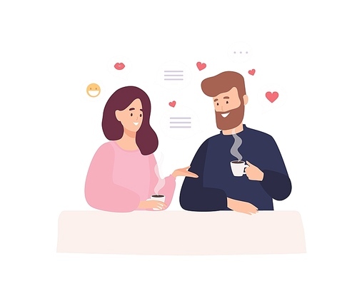 Pair of adorable man and woman sitting at cafe table, drinking coffee and talking. First romantic date with person found through dating website or application. Flat cartoon vector illustration