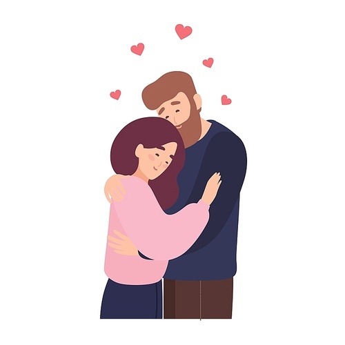 Cute couple in love. Adorable young man and woman hugging or cuddling. Romantic date with person found through dating website or mobile app. Romance and affection. Flat cartoon vector illustration