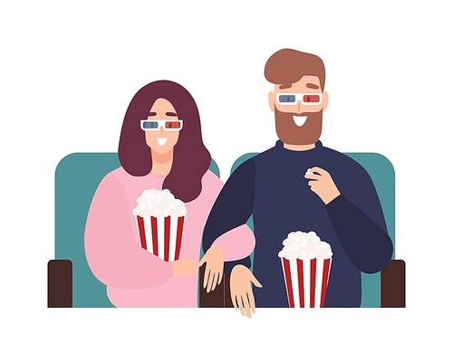 Young man and woman in 3d glasses watching film or movie together at cinema theater. Romantic date with partner found online through mobile dating application. Flat cartoon vector illustration