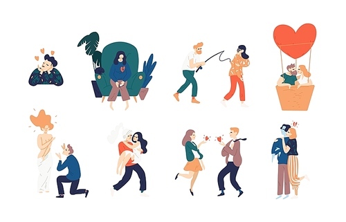 Collection of love scenes - heartbroken woman, kissing couple in air balloon, romantic date, girl with cold avoidant partner, knight carrying his lady. Vector illustration in flat cartoon style