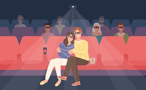 Boyfriend and girlfriend sitting in stereoscopic movie theater or cinema hall. Young man and woman in 3d glasses watching film or motion picture together. Flat cartoon colorful vector illustration.