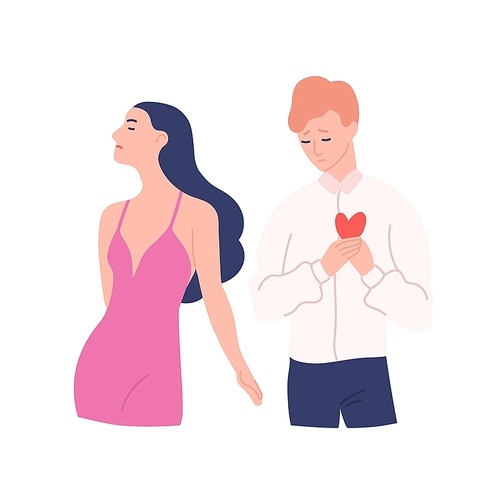 Sad man trying to present his heart to woman rejecting his gift. Unrequited, one-sided or rejected love. Male and female cartoon characters isolated on white . Flat vector illustration