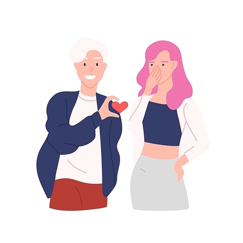 Annoying and intrusive admirer trying to present his heart to woman refusing to take it isolated on white . Unrequited, one-sided love, rejected courtship. Flat cartoon vector illustration
