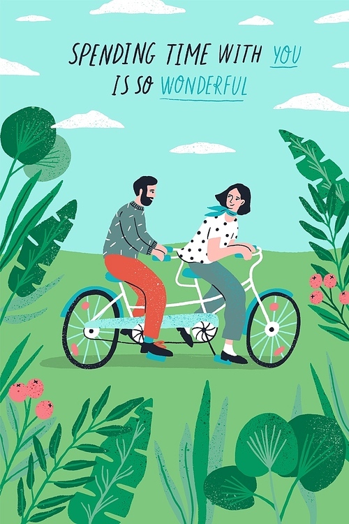 Poster template with cute couple riding tandem bike at park and romantic phrase. Young boy and girl in love or pair of lovers on bicycle. Flat cartoon vector illustration for St. Valentine's Day