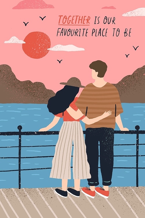 Postcard template with adorable couple in love standing on embankment and watching sunset and romantic quote. Young man and woman on date. Flat cartoon vector illustration for St. Valentine's day