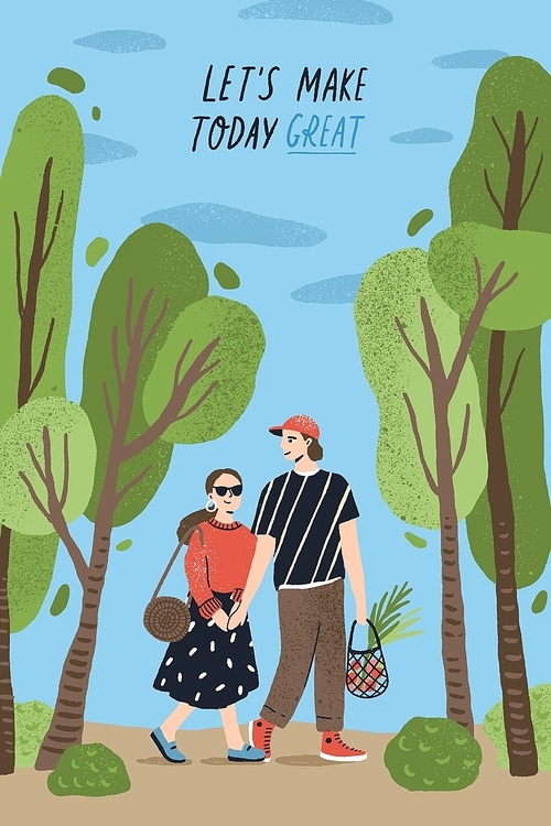 Poster template with cute couple holding hands and walking together at park and romantic phrase. Young boy and girl in love or pair of lovers on date. Flat cartoon vector illustration for 14 February