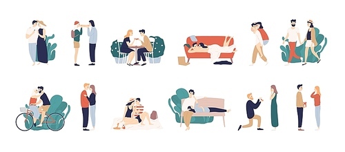 Bundle of scenes with adorable romantic couple. Man and woman kissing, hugging, riding bicycle, walking, eating, drinking cocktail, lying on sofa. Colorful vector illustration in flat cartoon style.