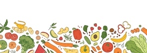 Horizontal backdrop with border consisted of fresh organic food. Banner template with tasty eco wholesome ripe vegetables, fruits, delicious healthy products. Hand drawn realistic vector illustration