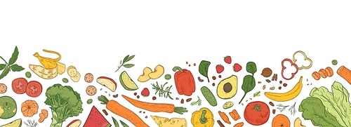 horizontal backdrop with border consisted of fresh organic food. banner template with tasty  wholesome ripe vegetables, fruits, delicious healthy products. hand drawn realistic vector illustration
