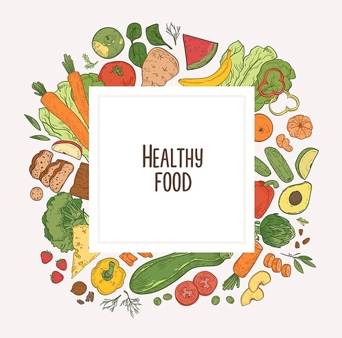 square backdrop with frame consisted of fresh vegetables, fruits, berries and organic dietary products. delicious  wholesome food, tasty veggie healthy meals. realistic vector illustration