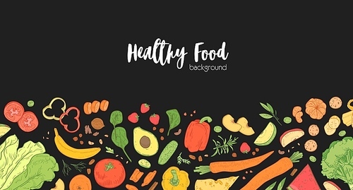 horizontal banner template with scattered fresh wholesome food on black background. backdrop with tasty  healthy products, delicious dietary nutrition. hand drawn realistic vector illustration