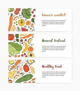 Bundle of web banner templates with wholesome food, fresh fruits and vegetables, delicious dietary nutrition on white background. Hand drawn realistic vector illustration for farmers market promotion