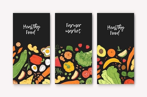 Set of vertical banner templates with healthy food, fresh delicious ripe fruits and vegetables on black background. Hand drawn realistic vector illustration for farmers market advertisement, promo