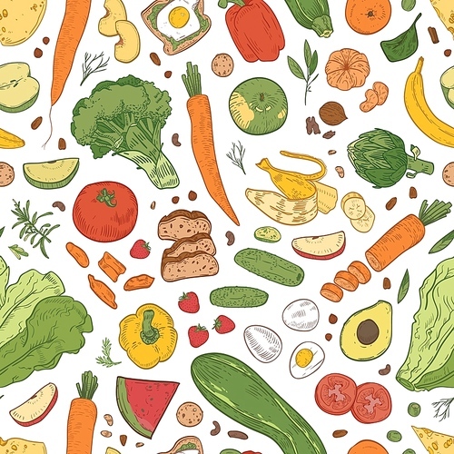 Seamless pattern with healthy food, grocery products, organic fruits, berries and vegetables on white background. Elegant hand drawn realistic vector illustration for wrapping paper, textile