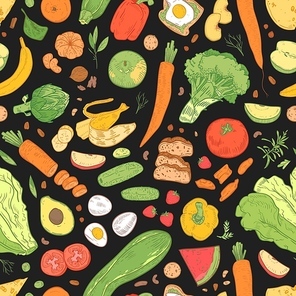 Seamless pattern with dietary food, wholesome grocery products, natural organic fruits, berries and vegetables on black background. Hand drawn realistic vector illustration for wrapping paper