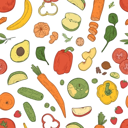 elegant seamless pattern with healthy nutrition, fresh dietary food,  natural organic fruits, berries and vegetables on white background. realistic vector illustration for wallpaper, fabric print