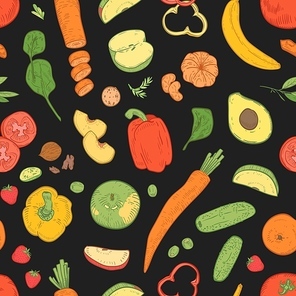 Seamless pattern with healthy vegetarian food. Backdrop with fresh tasty ripe fruits and vegetables on black background. Hand drawn realistic vector illustration for wrapping paper, textile print