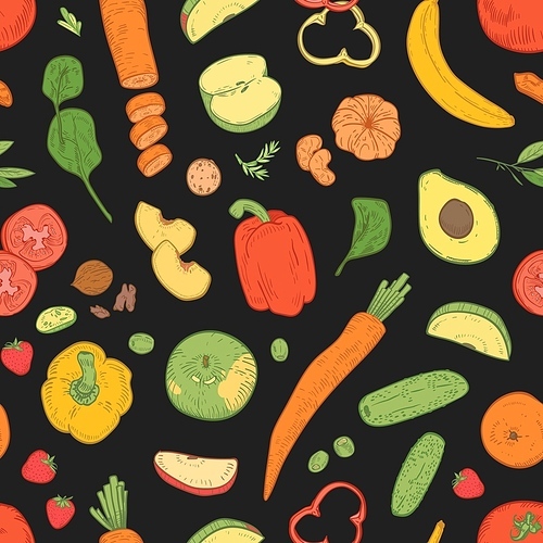 Seamless pattern with healthy vegetarian food. Backdrop with fresh tasty ripe fruits and vegetables on black background. Hand drawn realistic vector illustration for wrapping paper, textile