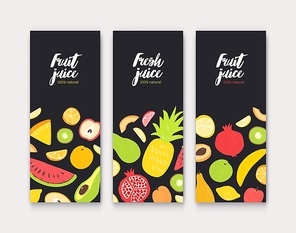 Bundle of vertical banner templates with fresh juicy exotic tropical fruits and place for text on black background. Flat vector illustration for natural juice promotion, healthy drink advertisement