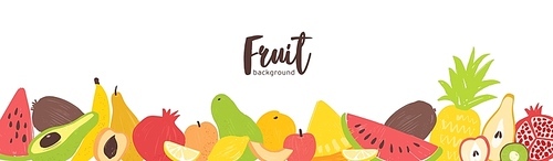 Horizontal banner template with fresh organic summer exotic tropical juicy fruits at bottom border on white background. Decorative vector illustration in flat style for advertisement, promotion