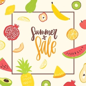 Square banner template for Summer Sale decorated by natural organic tropical exotic juicy fruits. Modern vector illustration in flat style for seasonal advertisement, vegan food discount promotion