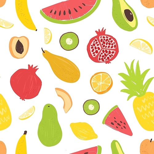 seamless pattern with exotic tropical fruits on white background. decorative summer backdrop with fresh weight lossary veggie food. flat vector illustration for wrapping paper, textile , wallpaper