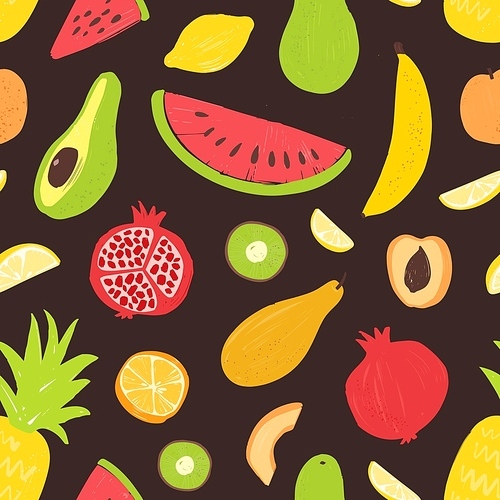 Summer seamless pattern with tropical organic ripe fruits on black background. Backdrop with healthy vegan food or nutrition. Flat vector illustration for wrapping paper, textile , wallpaper