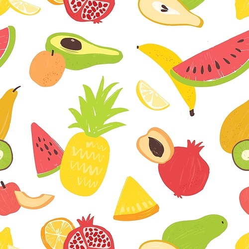 Summer seamless pattern with delicious sweet exotic fruits on white background. Vegan backdrop with organic wholesome food. Flat vector illustration for wrapping paper, textile , wallpaper