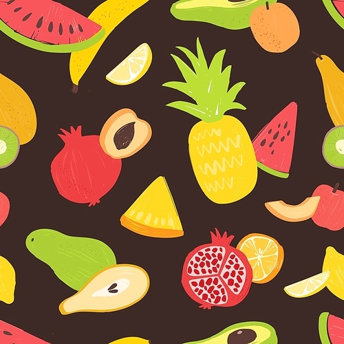 Seamless pattern with sweet tasty organic ripe fruits on black background. Summer backdrop with fresh natural healthy vegan food. Flat vector illustration for wrapping paper, fabric , wallpaper