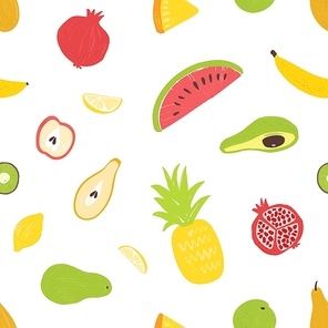 Summertime seamless pattern with exotic fresh juicy fruits on white background. Backdrop with delicious veggie food or nutrition. Flat vector illustration for wrapping paper, fabric print, wallpaper