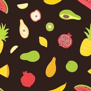 Seamless pattern with organic ripe juicy tropical exotic fruits on black background. Summer backdrop with natural healthy food. Flat vector illustration for wrapping paper, fabric print, wallpaper