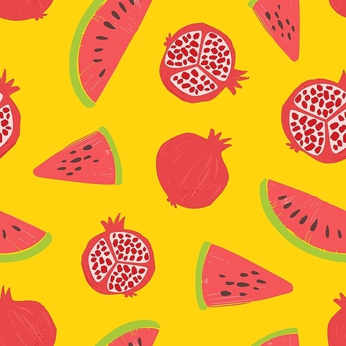 Seamless pattern with pomegranates and watermelon slices on yellow background. Backdrop with fresh ripe organic tropical juicy fruits. Summer flat vector illustration for wallpaper, fabric print