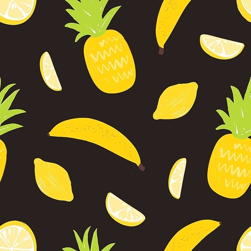 Seamless pattern with lemons, pineapples and bananas on black background. Backdrop with delicious sweet exotic organic juicy fruits. Tropical flat vector illustration for fabric , wrapping paper