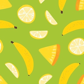 Tropical seamless pattern with exotic fresh juicy fruits on green background. Backdrop with bananas, lemon and mango slices. Flat summer natural vector illustration for wrapping paper, textile print