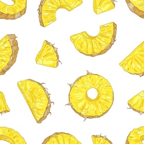 Natural seamless pattern with juicy pineapple pieces and slices on white background. Backdrop with delicious summer exotic fruit. Elegant vector illustration in vintage style for wrapping paper