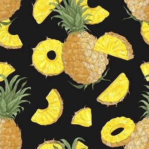 Summer seamless pattern with sweet pineapples, whole and cut into pieces and slices on black background. Backdrop with tasty ripe juicy tropical fruit. Realistic vector illustration in vintage style