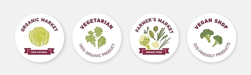collection of round label, tag or sticker templates with green vegetables, fresh salad leaves and spice herbs on white background. vector illustration for  friendly organic products, vegan shop