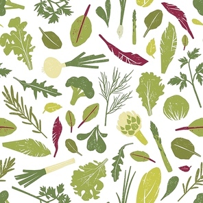 Seamless pattern with fresh green plants, vegetables, salad leaves and herbs on white background. Backdrop with healthy vegan products. Colored vector illustration for wrapping paper, fabric