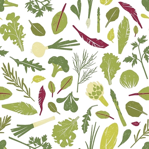 Seamless pattern with fresh green plants, vegetables, salad leaves and herbs on white background. Backdrop with healthy vegan products. Colored vector illustration for wrapping paper, fabric