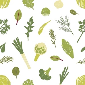 Seamless pattern with green vegetables, salad leaves and spice herbs on white background. Backdrop with wholesome organic veggie food. Colorful vector illustration for textile print, wallpaper